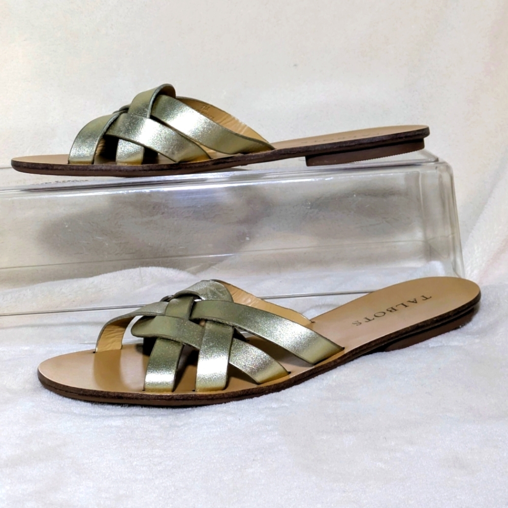 Talbots Gold Metallic Flat Slides, Leather Upper, Summer Casual Comfortable Sz 7 - Picture 3 of 8